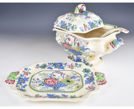Mason's twin handled pedestal tureen, ladle and underplate decorated in the Strathmore pattern, height 36cm