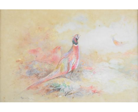 James Stinton&nbsp;Royal Worcester artist watercolour of cock&nbsp;pheasants&nbsp;guarding hens against rivals, largest 14 x2