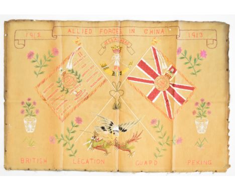 Somerset Light Infantry interest silk work panel to commemorate the British Ligation Allied Forces in China 1912/1913, featur