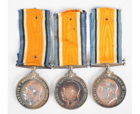 British Army three WW1 War Medals named to 57580 P M Coleman, Manchester Regiment, 200804 Cpl H W Deverall, Wiltshire Regimen