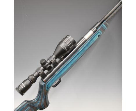 Weihrauch HW97K .22 underlever air rifle with blue laminated show wood stock, semi-pistol grip, raised cheek piece, adjustabl