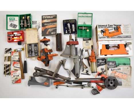 A collection of shotgun and rifle cartridge re-loading tools including Lyman press, RCBS 6.5x54 dies, Lyman All-American .303