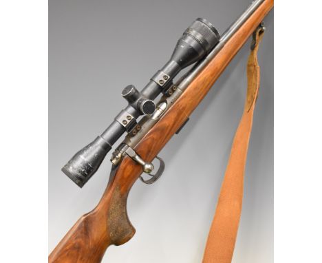 BRNO Model 2-E .22LE bolt-action rifle with chequered semi-pistol grip, multi-shot magazine, canvas and leather sling, 4x40 s