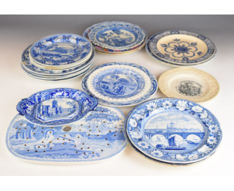 Collection of 19thC mainly blue and white transfer ware by Spode, Rogers, Davenport, Godwin, Ridgway, Copeland etc, scenes in