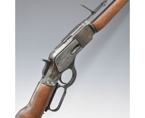 Japanese Winchester style Model 73 Custom replica underlever-action rifle with wooden stock and forend, brass butt plate and 
