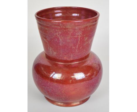 Bushey Heath pottery signed red lustre ovoid flared vase by Fred Passenger, with geometric border, faint backstamp and monogr