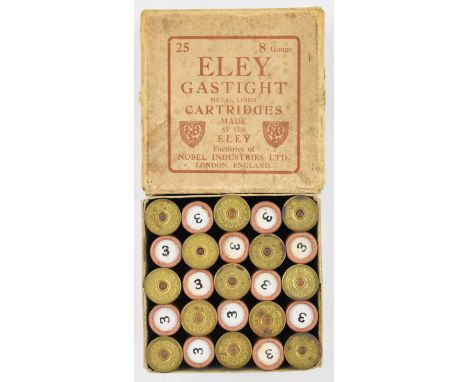 Twenty-five 8 bore Eley Gastight shotgun cartridges, in original box.&nbsp;PLEASE NOTE THAT A VALID RELEVANT FIREARMS/SHOTGUN