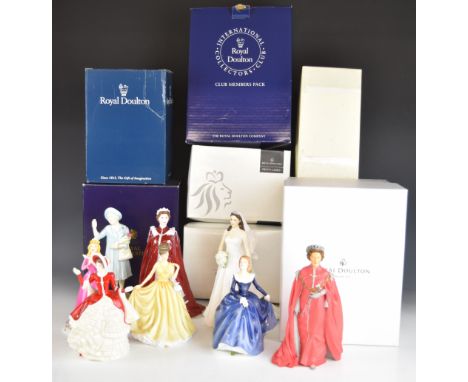 Royal Doulton, Royal Worcester and Tim Potts figures including Catherine, Queen Elizabeth II, Sleeping Beauty etc, all boxed,