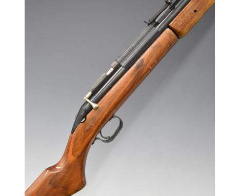 Sheridan Blue Streak .20 bolt-action air rifle with wooden semi-pistol grip and forend and adjustable sights, serial number 4