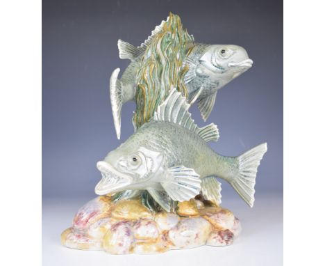 Cobridge stoneware pottery trial model of two fish, possibly carp, raised on a naturalistic pebble base, dated '01 and with '