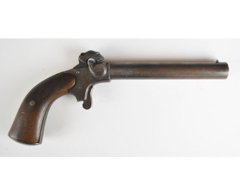Unnamed 20 bore percussion hammer action bootleg 'man stopper' pistol with wooden grips and 6 inch smooth-bored barrel, overa