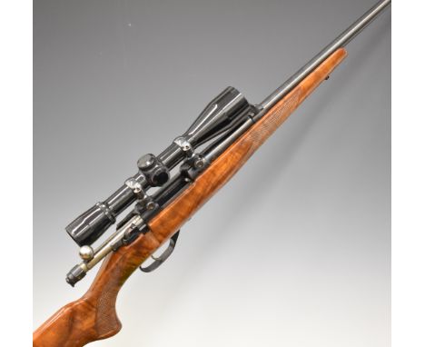 CZ 527 .222 bolt-action rifle with chequered semi-pistol grip and forend, sling mounts, Weaver CK4 Micro-Trac scope and 24 in