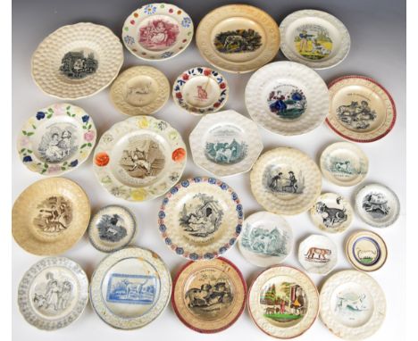19thC nursery ware plates, mostly featuring dogs / children including The Pet, A Presant, Juvenile Companions, The Playmate, 