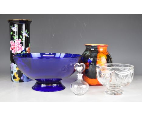 Bristol Blue pedestal glass bowl, Waterford Crystal scent bottle and bowl, Poole pottery vase and Wood &amp; Sons Sheraton va