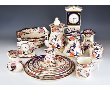 Masons decorative ceramics comprising longcase / grandfather clock, smaller clock, coffee pot, pedestal punch bowl, picture f