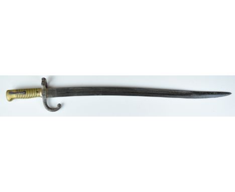 French 1866 pattern chassepot bayonet with brass hilt, external leaf spring and 57cm yataghan blade.&nbsp;PLEASE NOTE ALL BLA