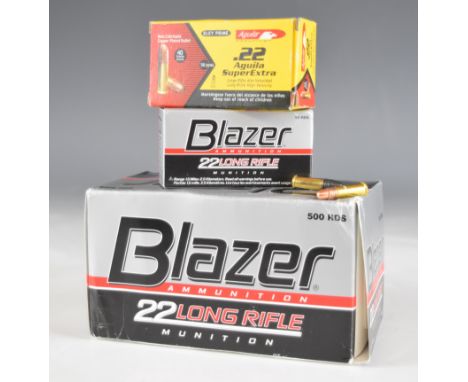 Five-hundred .22LR Blazer and Aguila Super Extra rifle cartridges, all in original boxes. PLEASE NOTE THAT A VALID RELEVANT F