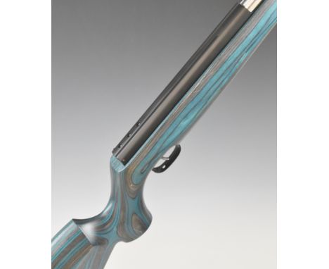 Weihrauch HW97K .177 underlever air rifle with blue laminated show wood stock, semi-pistol grip, raised cheek piece and adjus