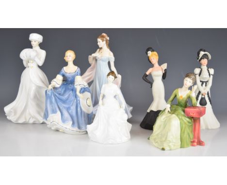 Royal Doulton, Royal Worcester and Wedgwood figurines including A Winter's Morn, Caroline, Antonia and Carolyn, tallest 25cm
