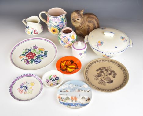 Poole pottery including small Delphis plaque, casserole / steamer, jugs and B Linley Adams signed cat, tallest 20cm