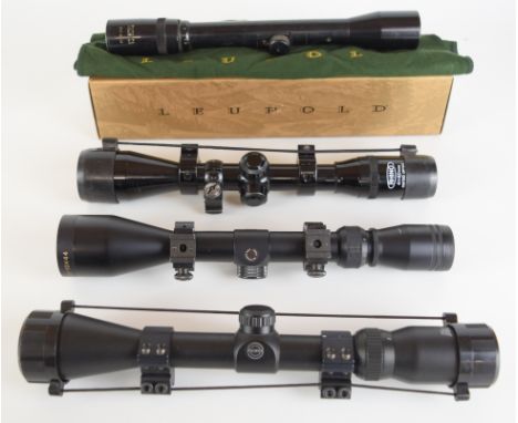 Four various rifle scopes Hawke Sport HD 3-9x40, Yashica 2.5x-8x32, Rhino 4x40 and Edgar Brothers 2.5-10x44, one in Leupold b