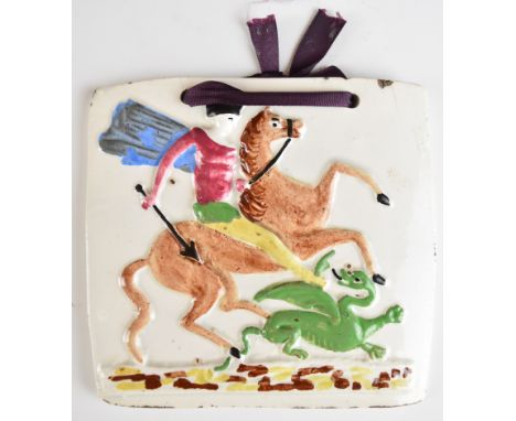 Early 19thC porcelain plaque with decoration in relief of a rider on rearing horse slaying a dragon / George and the Dragon, 