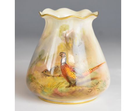 Royal Worcester signed James Stinton pedestal vase with frilled rim, decorated with pheasants, height 8.5cm