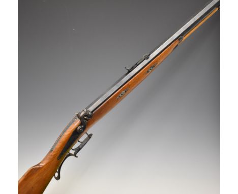 Pedersoli .45 percussion hammer action rifle with adjustable sights, spurred trigger guard, set trigger, storage compartment 