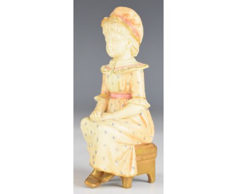 Royal Worcester Kate Greenaway style seated figurine, with puce backstamp, height 10.5cm