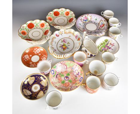 19thC porcelain saucers, dishes, coffee cans and cups including New Hall, Ridgway, bat print decoration etc, tallest 12cm