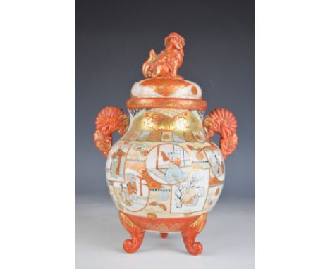 19th / 20thC Japanese twin handled koro with dog finial, height 29cm
