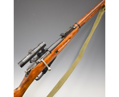 Russian Mosin-Nagant 7.62mm bolt-action rifle with telescopic scope marked '91/30 No. A-108853', adjustable sights, breech st