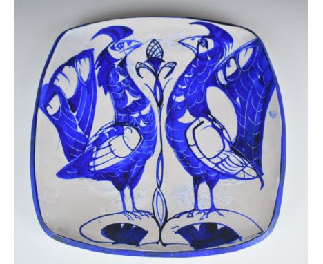 Alan Caiger Smith (1930-2020) studio pottery charger decorated with two cockerels, signed verso, 33 x 33cm