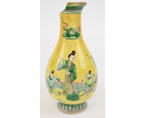 18thC Chinese&nbsp;pedestal vase decorated with a court scene of a seated figure and children playing in garden against a yel