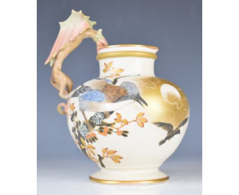 Royal Worcester style pedestal jug with jay decoration and dragon handle, height 18.5cm