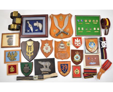 Militaria plaques, stable and leather belts, including 49th Infantry Division, 15th Lancashire R V Corps, Royal Air Force, 39