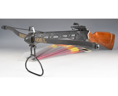 Armex crossbow with wooden stock and forend and adjustable sights, together with 20 Armex Trueflight bolts, most in original 