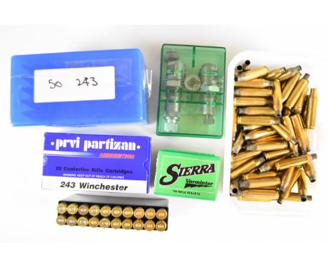 Seventy .243 Winchester rifle cartridges including Privi Partizan together with related .243 empty brass cases, re-loading di