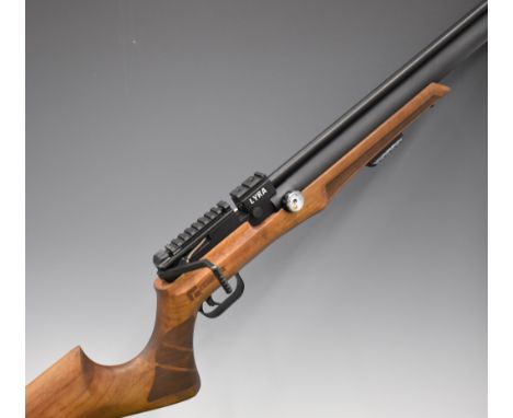 Reximex LYRA .22 PCP air rifle with chequered semi-pistol grip, adjustable trigger, 12-shot magazine and bi-pod and scope rai