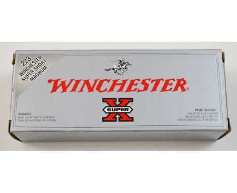 Twenty .223 Winchester Super Short Magnum Winchester Super X CXP2 rifle cartridges, in original box.&nbsp;PLEASE NOTE THAT A 