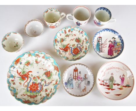 First period Worcester and Pennington Liverpool two coffee cans and saucers and an 18thC tea bowl and saucer, all with Chinoi