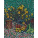 Gustav Gildemeister. Stillleben (Blumenvase mit orangeroter Kanne und Früchten). Um 1907/08