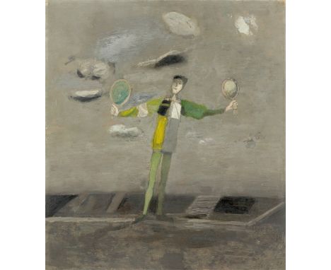 Hermann Bachmann (Halle 1922 – 1995 Berlin). „Junge mit Spiegel“. 1951Öl auf leichtem Karton, auf Hartfaserplatte montiert.  