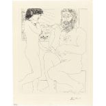 Pablo Picasso. „Sculpteur songeant, modèle aux cheveux noirs et bol avec trois anémones“. 1933