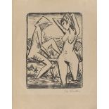 Otto Mueller. „Im Wasser stehendes und am Ufer sitzendes Mädchen mit Hut“. 1921/22