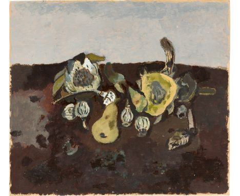 Hermann Bachmann (Halle 1922 – 1995 Berlin). Stillleben mit Birnen und Mohnkapseln. Um 1950Öl auf festem bräunlichen Papier. 