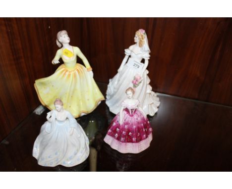 A ROYAL WORCESTER GOLDEN MOMENTS WEDDING DAY FIGURE TOGETHER WITH A COALPORT FELICITY FIGURE AND TWO SMALLER GOEBEL FIGURES (