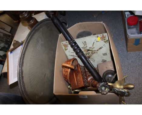 A BOX OF COLLECTABLES TO INCLUDE AN ANTIQUE LONG CASE CLOCK MOVEMENT TOGETHER WITH A SILVER PLATED TWIN HANDLED SERVING TRAY
