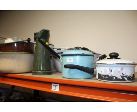 St Mary's Abbey - A COLLECTION OF VINTAGE ENAMEL KITCHEN WARE TO INCLUDE A BREAD BIN, JAM PAN, SAUCEPANS ETC.