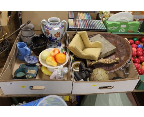 TWO TRAYS OF CERAMICS AND COLLECTABLES TO INCLUDE A MINIATURE WINGBACK ARM CHAIR, NAO FIGURE ETC 